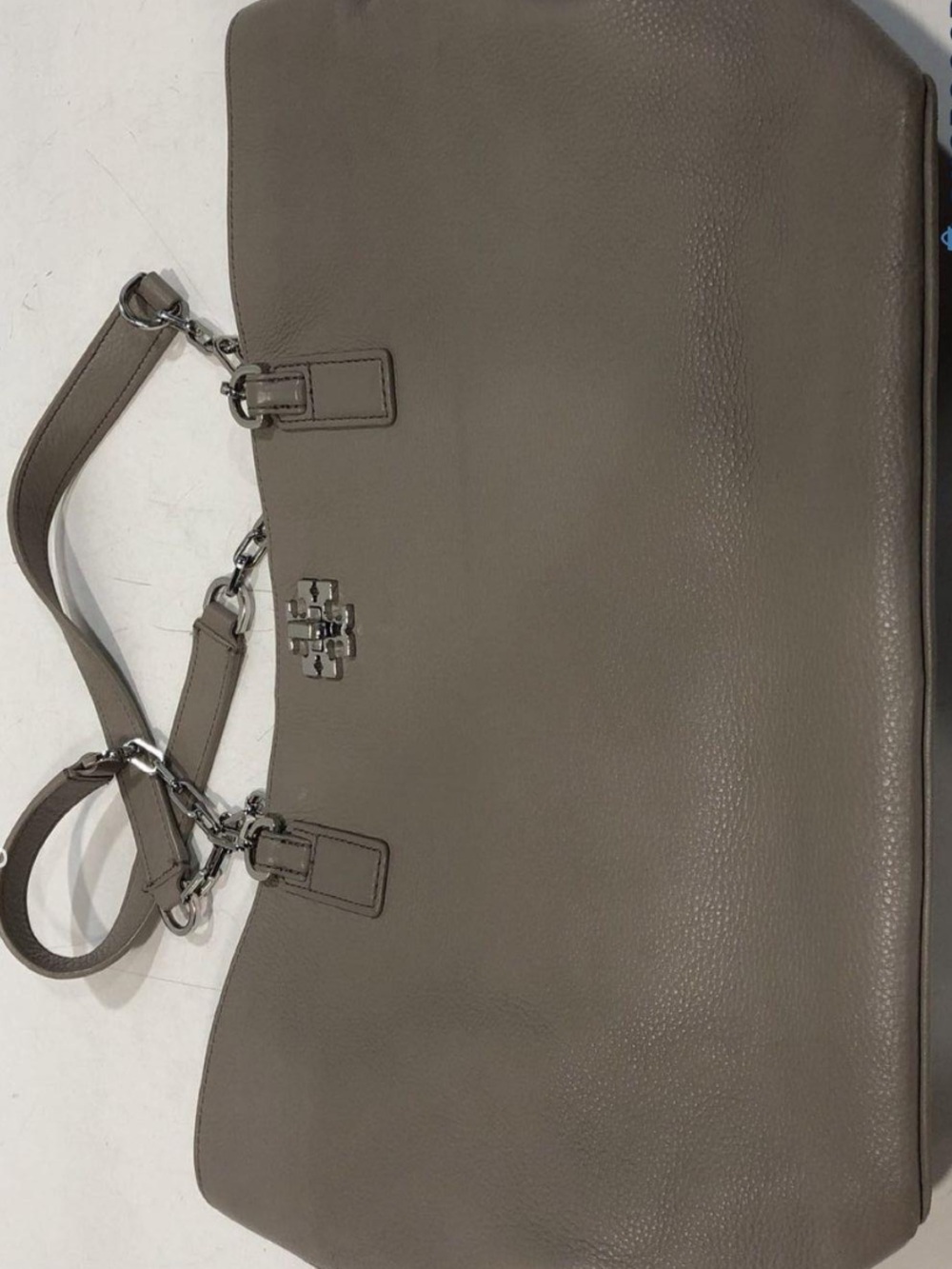 Women’s Tory Burch Turn lock Grey Pebbled Leather Tote with Silver Hardware